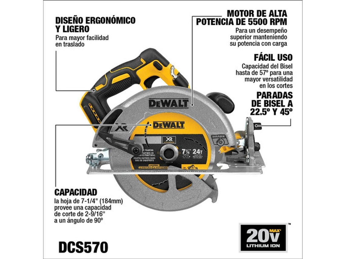 SIERRA DEWALT CIRCULAR 7 1/4 20 V XR DCS570B SIN BATERIAS METAL 4
