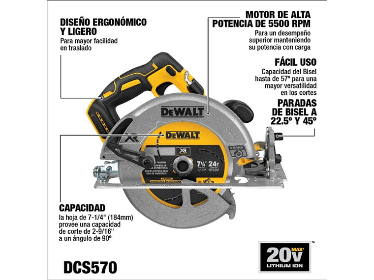 SIERRA DEWALT CIRCULAR 7 1/4 20 V XR DCS570B SIN BATERIAS METAL 4