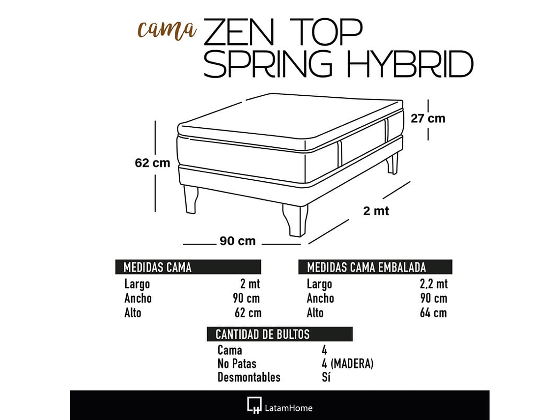 CAMA ZEN TOP SPRING HYBRID TELA NEGRO 1PZA 4