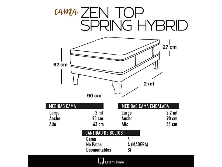 CAMA ZEN TOP SPRING HYBRID TELA NEGRO 1PZA 4