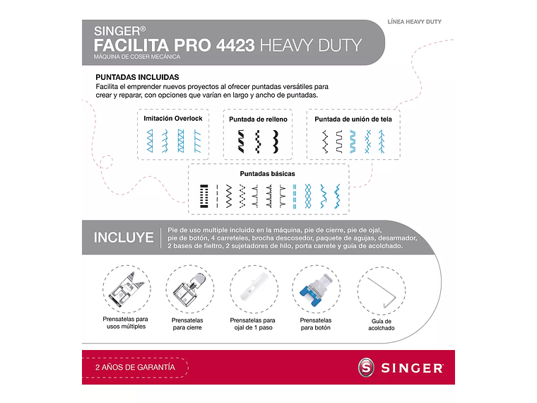 MÁQUINA DE COSER RECTA SINGER FACILITA PRO 4423 HEAVY DUTY PORTABLE GRIS 220V - 240V 4