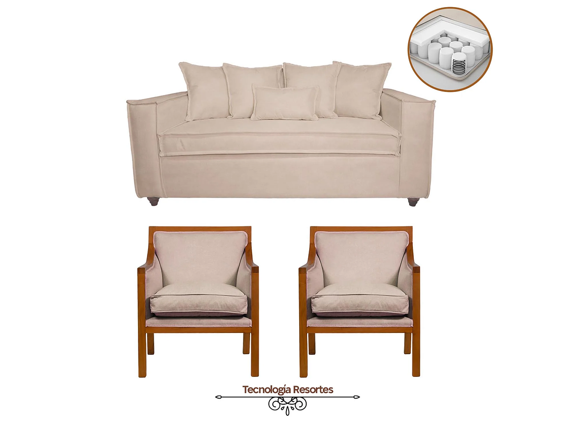 JUEGO DE LIVING DANTE 311 SOFA RESORTES Y SILLONES TIPO SITIAL COLOR BEIGE 1