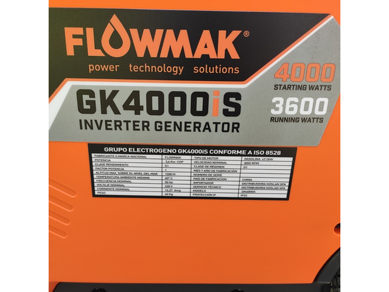 GENERADOR FLOWMAK GK4000IS 220 V 3600 W GASOLINA INVERTER 5