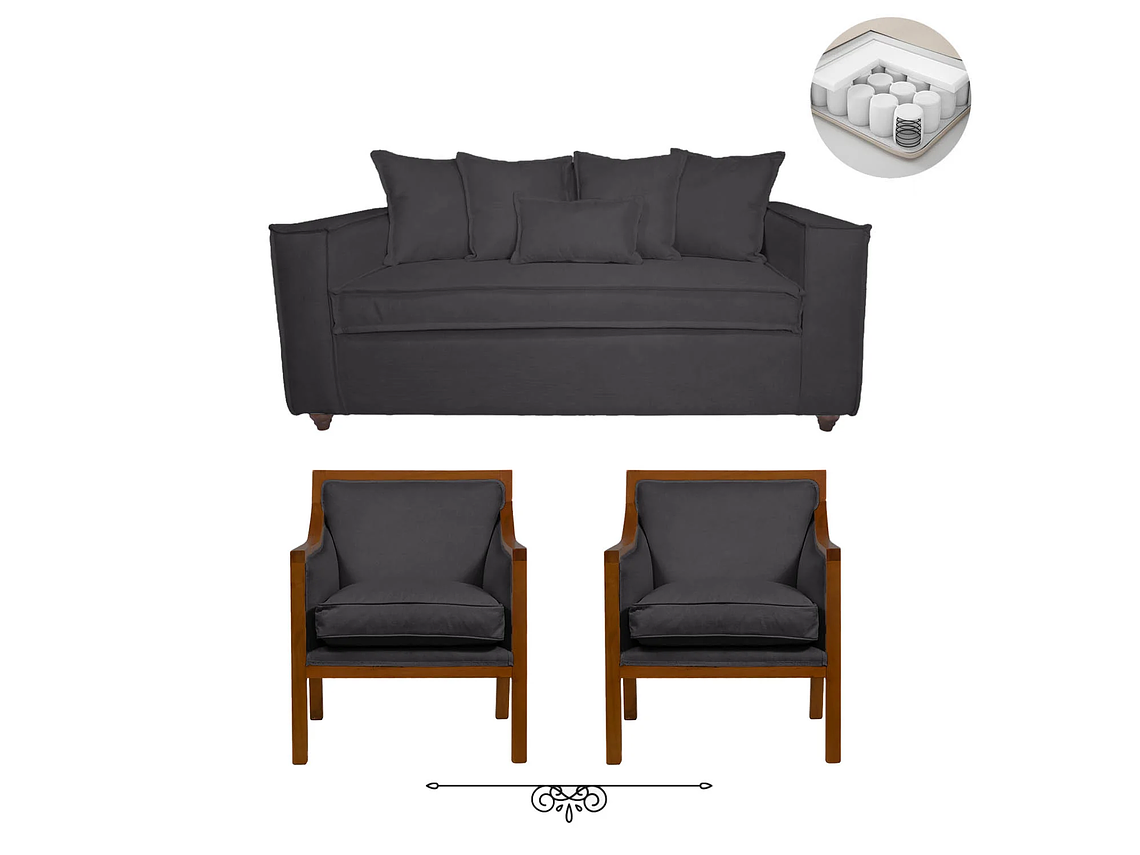JUEGO DE LIVING DANTE 311 SOFA RESORTES Y SILLONES TIPO SITIAL COLOR GRIS MARENGO 1