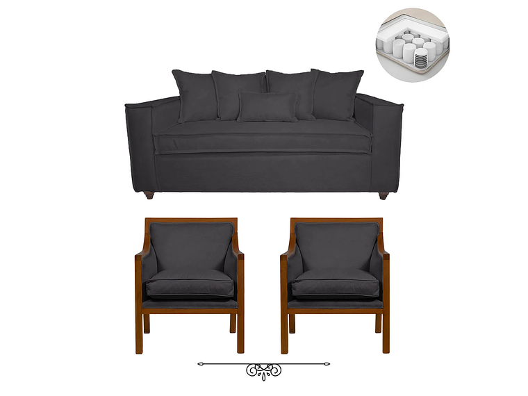 JUEGO DE LIVING DANTE 311 SOFA RESORTES Y SILLONES TIPO SITIAL COLOR GRIS MARENGO 1