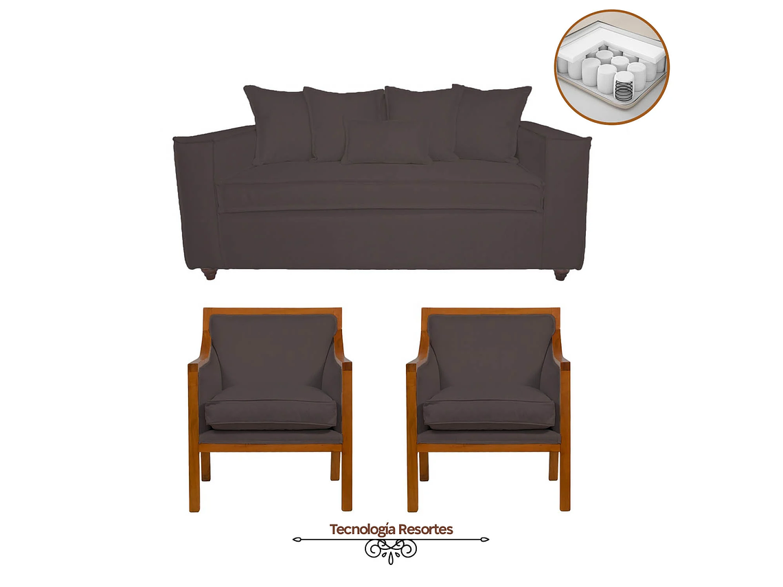 JUEGO DE LIVING DANTE 311 SOFA RESORTES Y SILLONES TIPO SITIAL COLOR CAFE 1