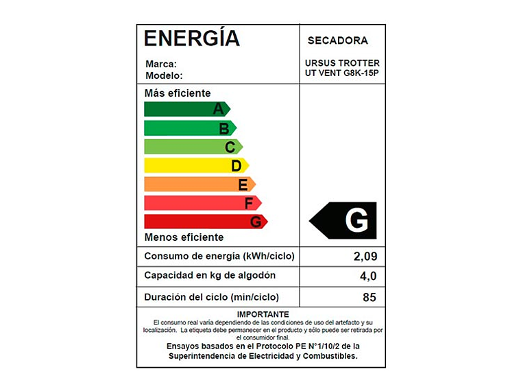 SECADORA DE ROPA POR VENTILACIÓN URSUS TROTTER UT VENT G8K-15P 8KG BLANCO 5