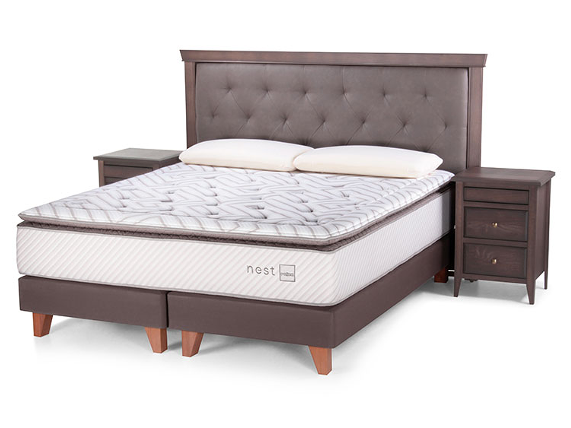 JUEGO DE DORMITORIO ROSEN CAMA EUROPEA NEST 2 PLAZAS + ALMOHADAS + RESPALDO + VELADORES 1