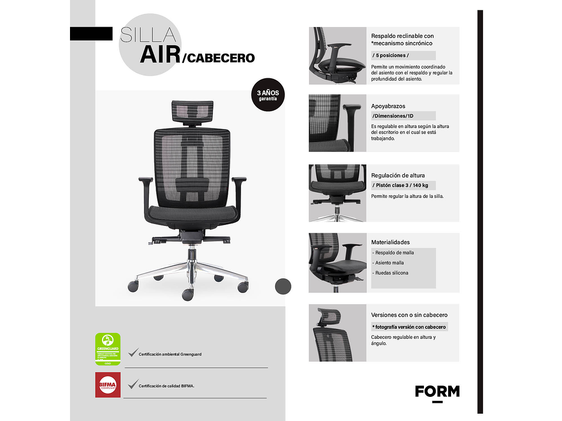 SILLA OFICINA AIR CON CABECERO GRIS OSCURO FORM 5