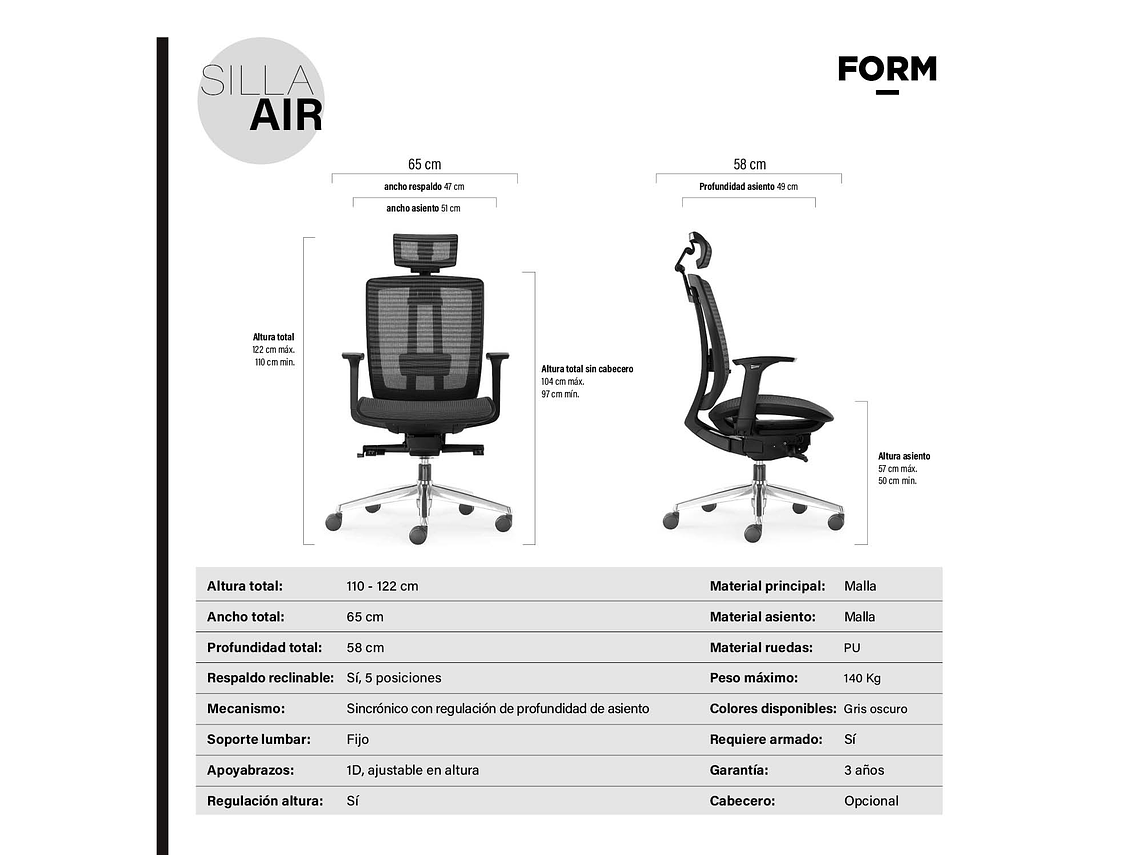 SILLA OFICINA AIR CON CABECERO GRIS OSCURO FORM 6