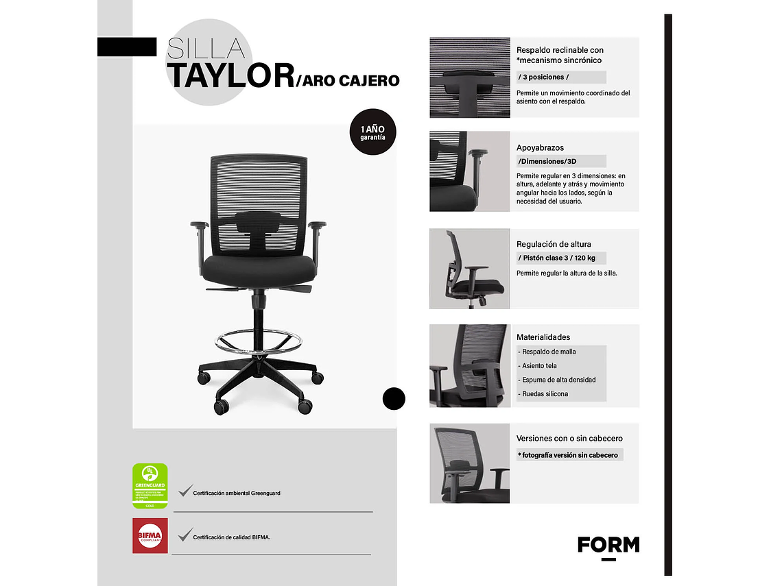 SILLA OFICINA TAYLOR CON ARO CAJERO NEGRO FORM 6