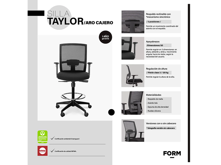 SILLA OFICINA TAYLOR CON ARO CAJERO NEGRO FORM 6