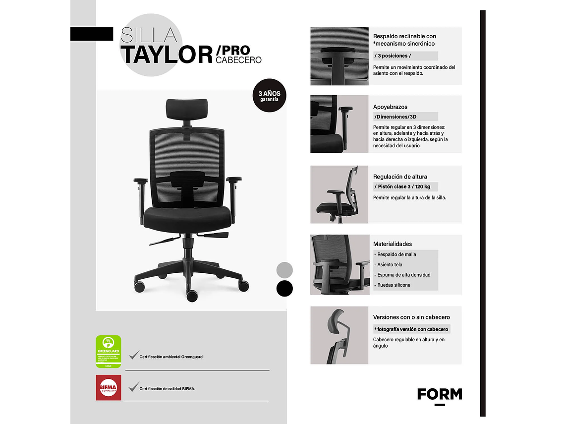 SILLA OFICINA TAYLOR SYNCRO NEGRO CON CABECERO FORM 6