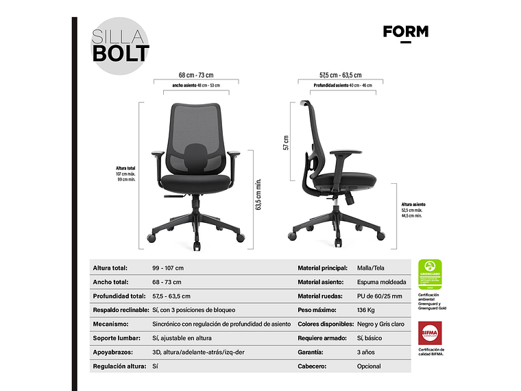 SILLA OFICINA BOLT NEGRO FORM 8