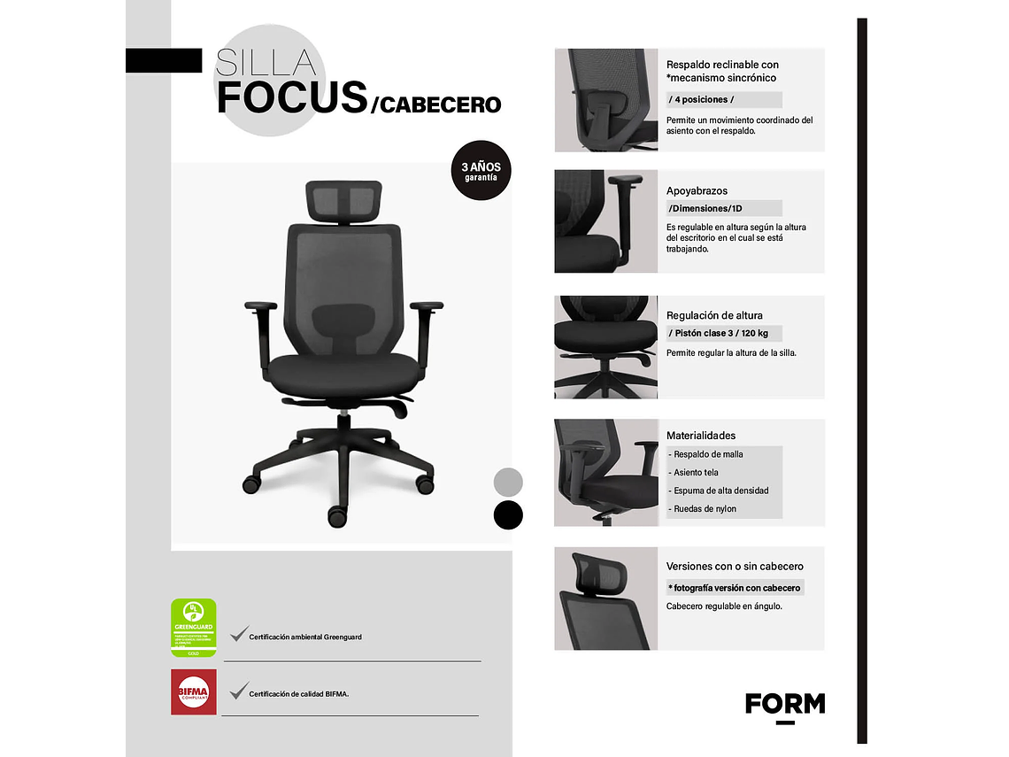 SILLA OFICINA FOCUS NEGRO CON CABECERO FORM 6