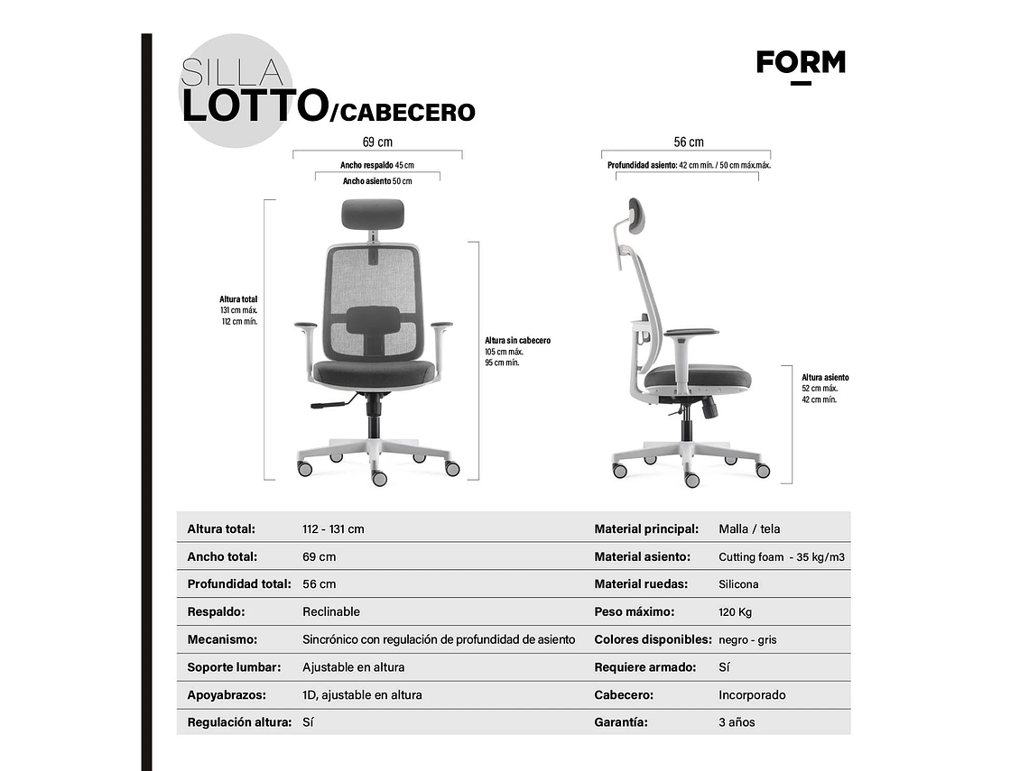 SILLA OFICINA LOTTO CON CABECERO GRIS CLARO FORM 6