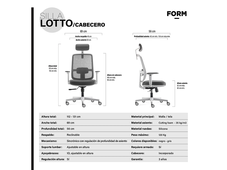 SILLA OFICINA LOTTO CON CABECERO GRIS CLARO FORM 6