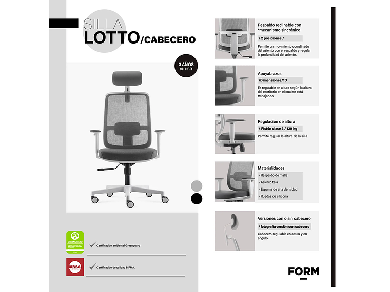 SILLA OFICINA LOTTO CON CABECERO GRIS CLARO FORM 7