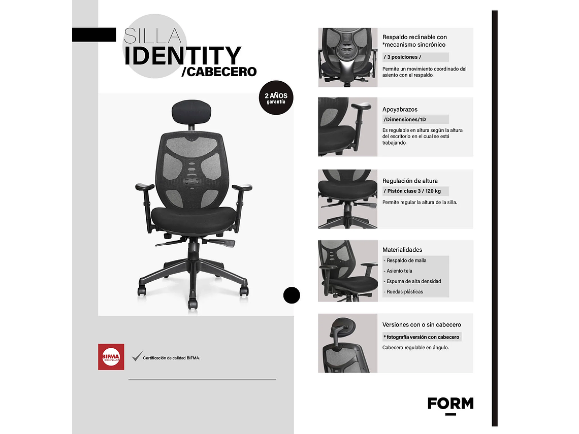 SILLA OFICINA IDENTITY BASE NYLON C/CABECERO NEGRO FORM 6