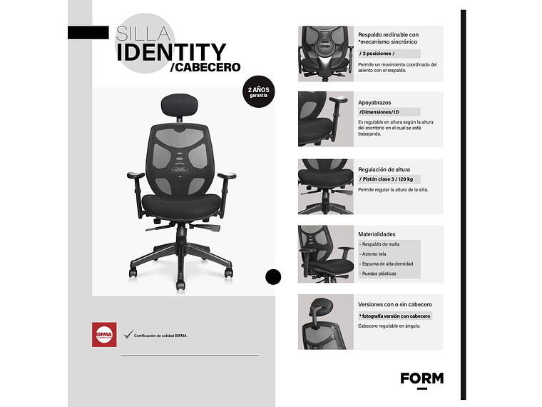 SILLA OFICINA IDENTITY BASE NYLON C/CABECERO NEGRO FORM 6