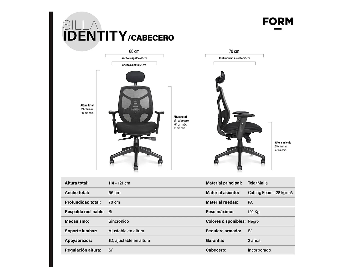 SILLA OFICINA IDENTITY BASE NYLON C/CABECERO NEGRO FORM 7