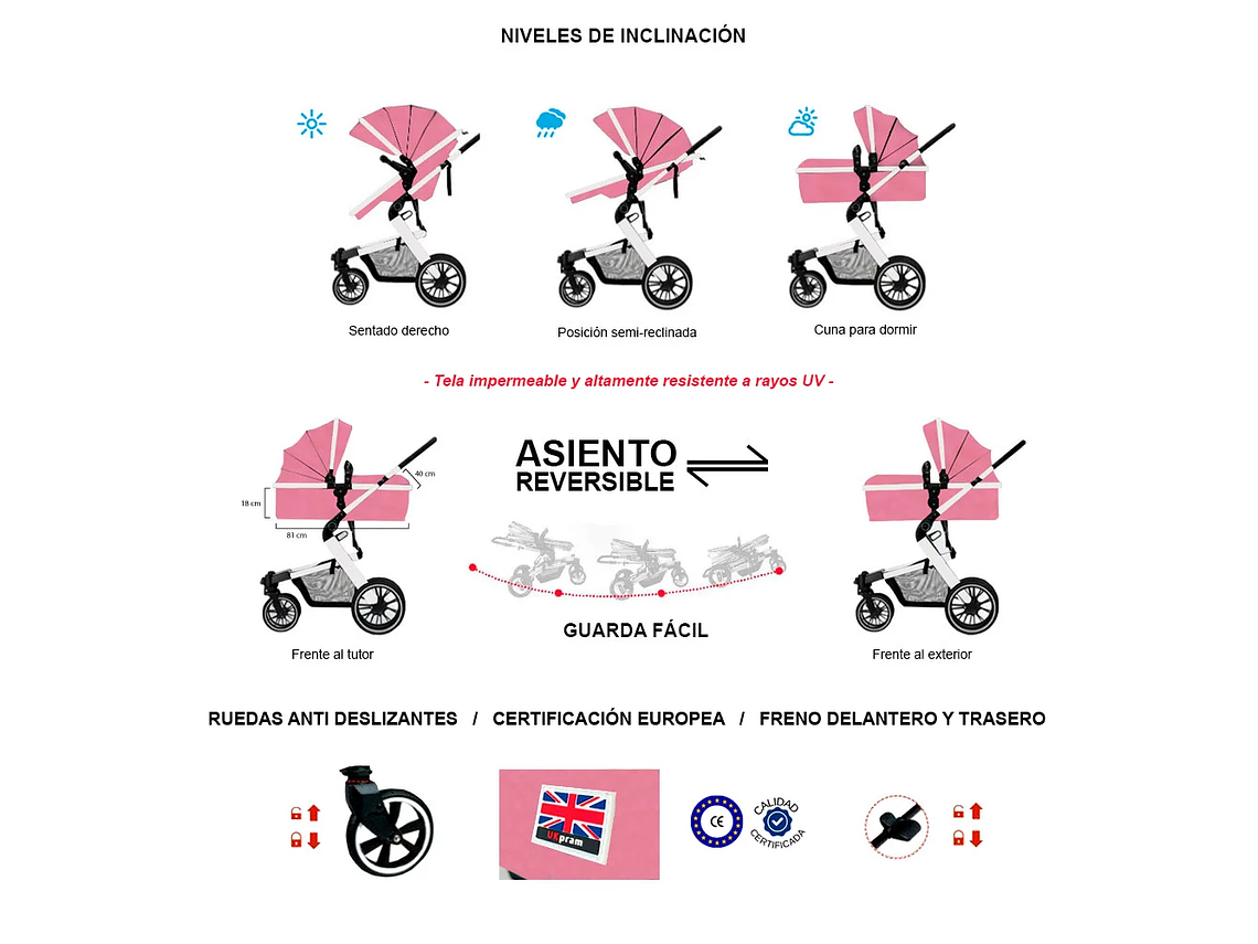COCHE TRAVEL SYSTEM 4 EN 1 UK PRAM ROSA 3