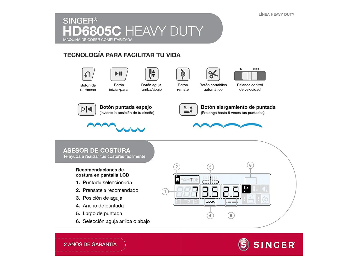MAQUINA DE COSER PORTATIL SINGER HD6805C CON FUNCIONES AVANZADAS 5