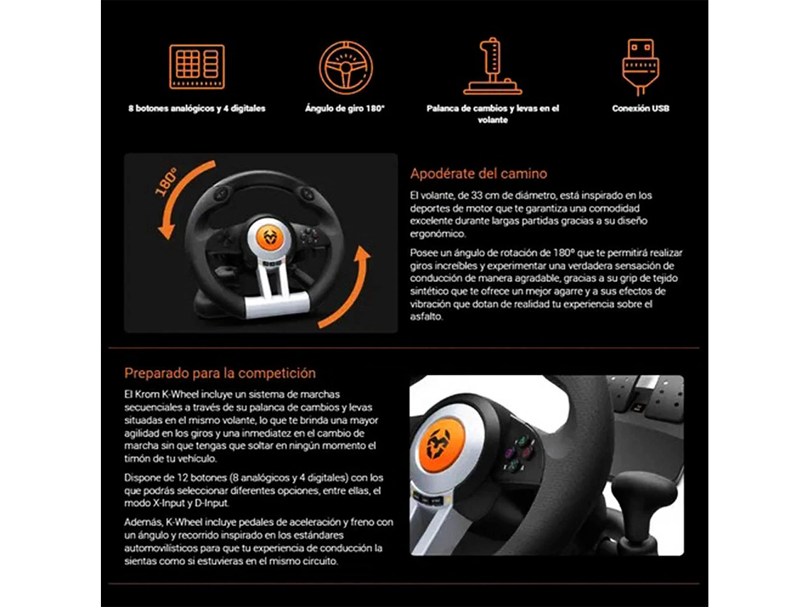 KIT VOLANTE CON PEDALES KROM K-WHEEL PREMIUM PS4 XBOX ONE PC 4