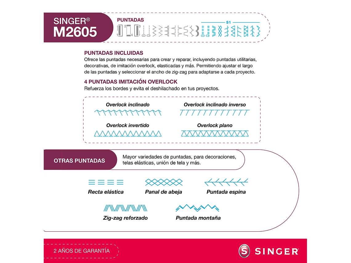 MÁQUINA DE COSER RECTA ZIG ZAG SINGER M2605 70W 8