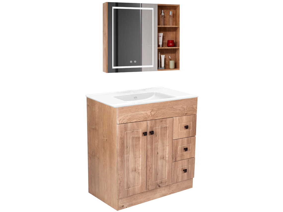 KIT MUEBLE VANITORIO DOMSA CON BOTIQUIN ESPEJO LED ANTIEMPAÑANTE WP-80 NOGAL 2