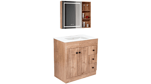 KIT MUEBLE VANITORIO DOMSA CON BOTIQUIN ESPEJO LED ANTIEMPAÑANTE WP-80 NOGAL