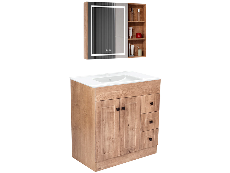 KIT MUEBLE VANITORIO DOMSA CON BOTIQUIN ESPEJO LED ANTIEMPAÑANTE WP-80 NOGAL 2