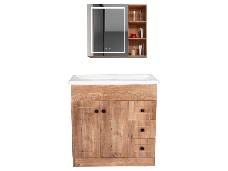 KIT MUEBLE VANITORIO DOMSA CON BOTIQUIN ESPEJO LED ANTIEMPAÑANTE WF-80 NOGAL 1