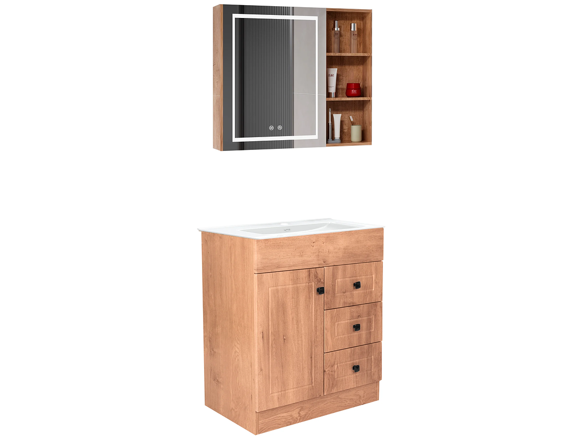 KIT MUEBLE VANITORIO DOMSA CON BOTIQUIN ESPEJO LED ANTIEMPAÑANTE WP-70 NOGAL 2