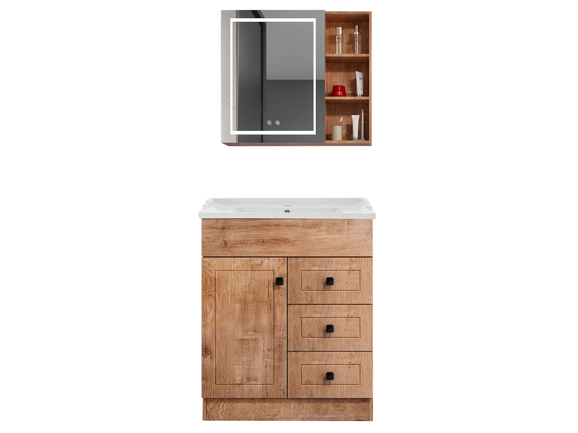 KIT MUEBLE VANITORIO DOMSA CON BOTIQUIN ESPEJO LED ANTIEMPAÑANTE WF-70 NOGAL 1