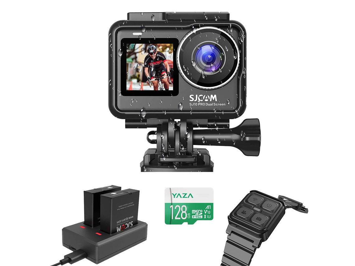 PACK CÁMARA DEPORTIVA SJCAM SJ10 PRO 4K 60FPS WIFI ESTABILIZADOR CON CARGADOR 2 BATERIAS RELOJ Y MIC 1