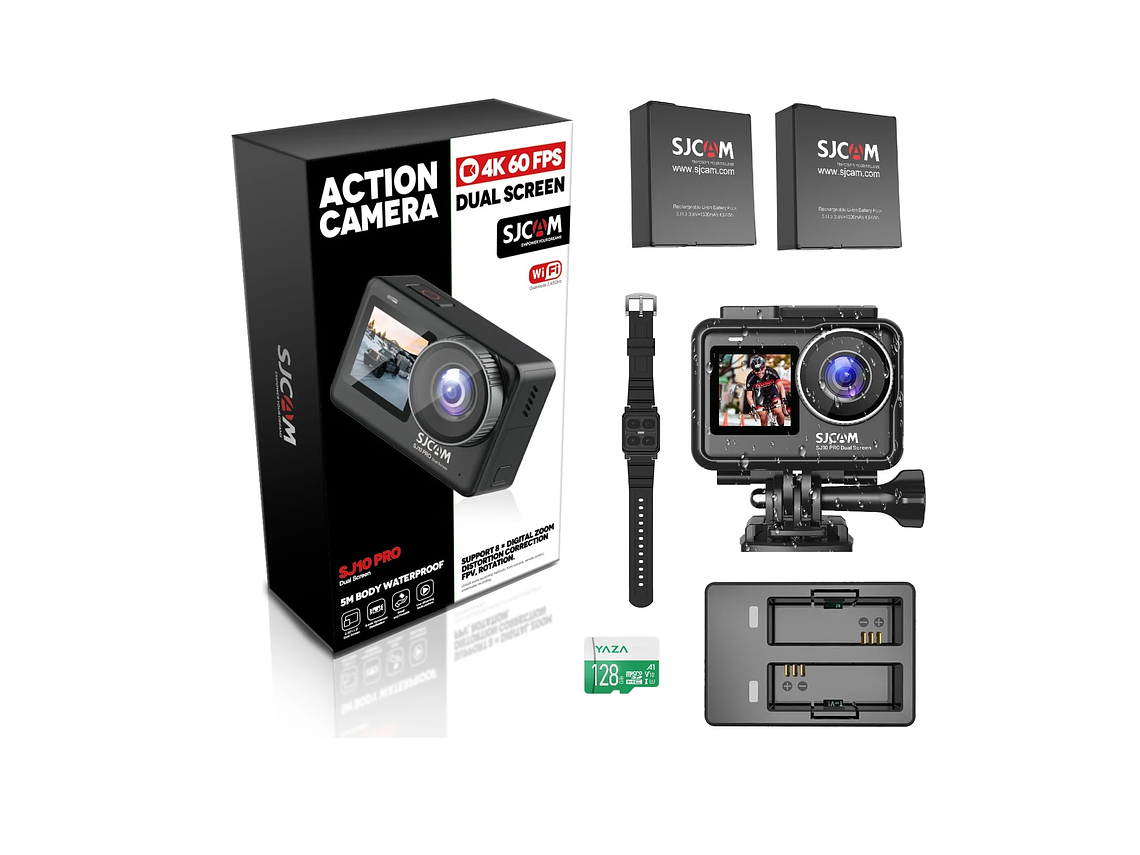 PACK CÁMARA DEPORTIVA SJCAM SJ10 PRO 4K 60FPS WIFI ESTABILIZADOR CON CARGADOR 2 BATERIAS RELOJ Y MIC 2