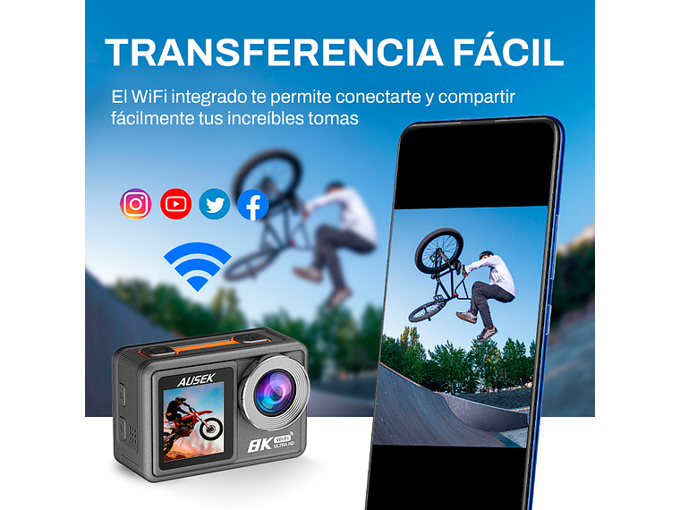 CÁMARA DEPORTIVA AUSEK 8K 50MP ULTRAHD CON ACCESORIOS ACCIÓN 3