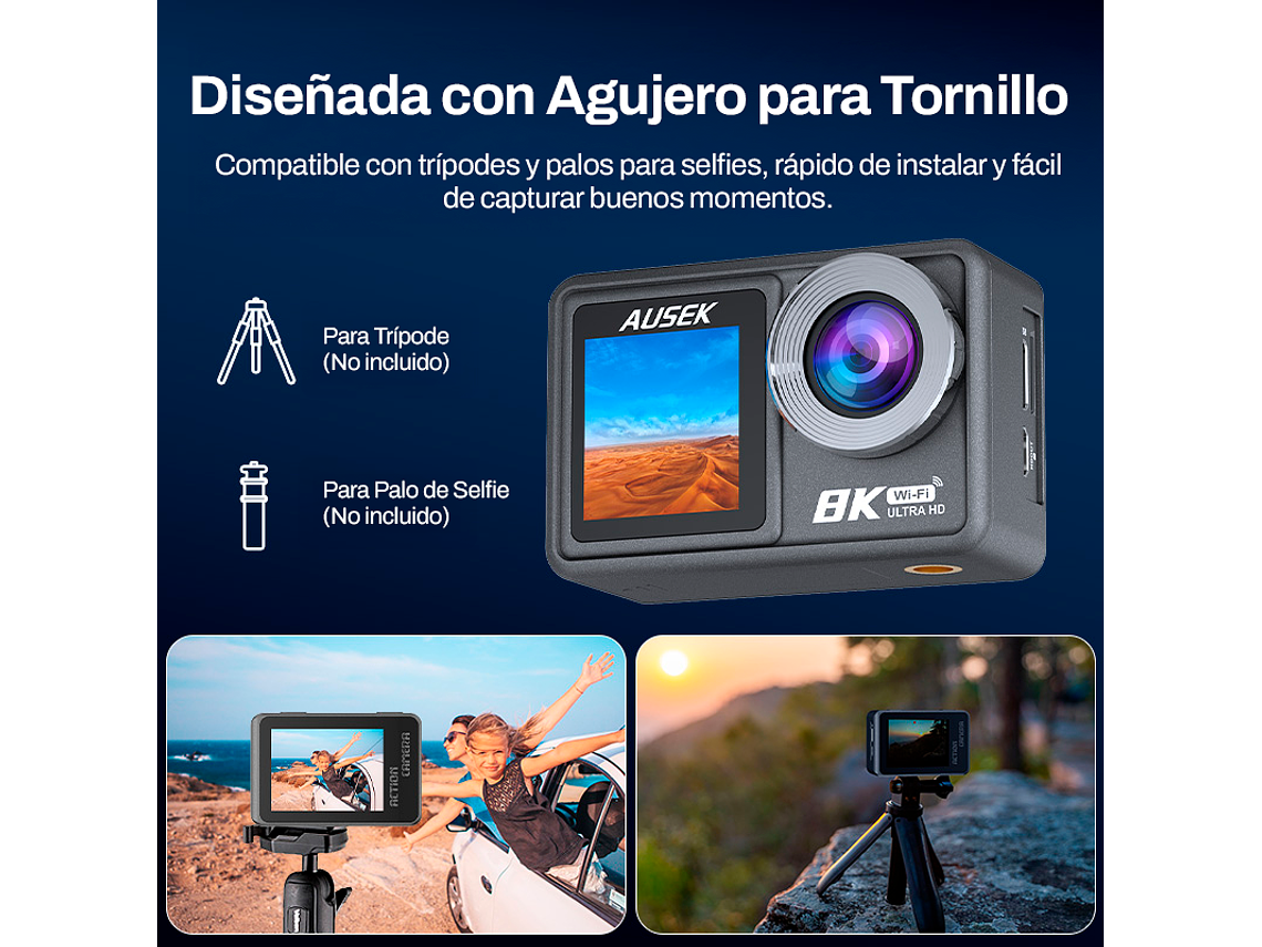 CÁMARA DEPORTIVA AUSEK 8K 50MP ULTRAHD CON ACCESORIOS ACCIÓN 8