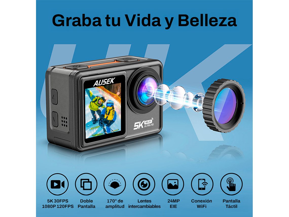 CÁMARA DEPORTIVA 5K 24MP ULTRAHD CON MICROFONO Y ACCESORIOS 4