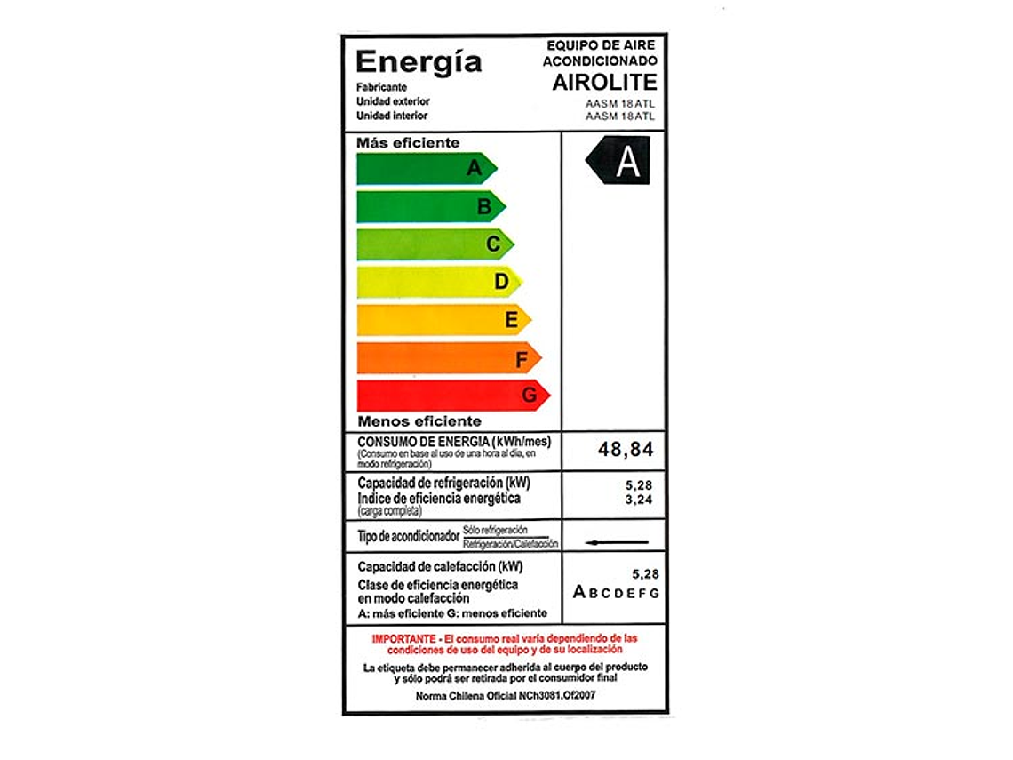 AIRE ACONDICIONADO AIROLITE SPLIT MURO ECOLOGICO ON/OFF 18000 BTU/H WIFI 6