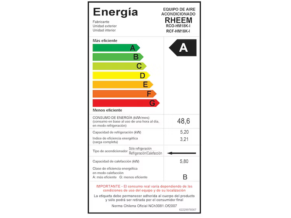 AIRE ACONDICIONADO SPLIT INVERTER 18K BTU PISO-CIELO RHEEM 2
