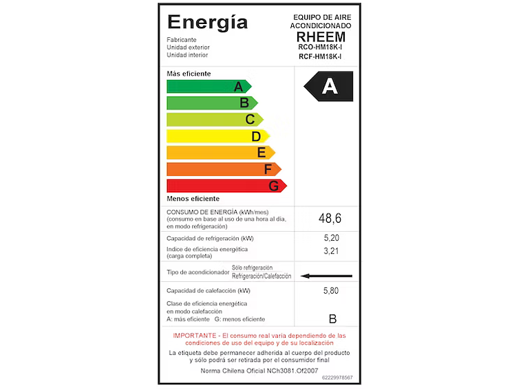 AIRE ACONDICIONADO SPLIT INVERTER 18K BTU PISO-CIELO RHEEM 2