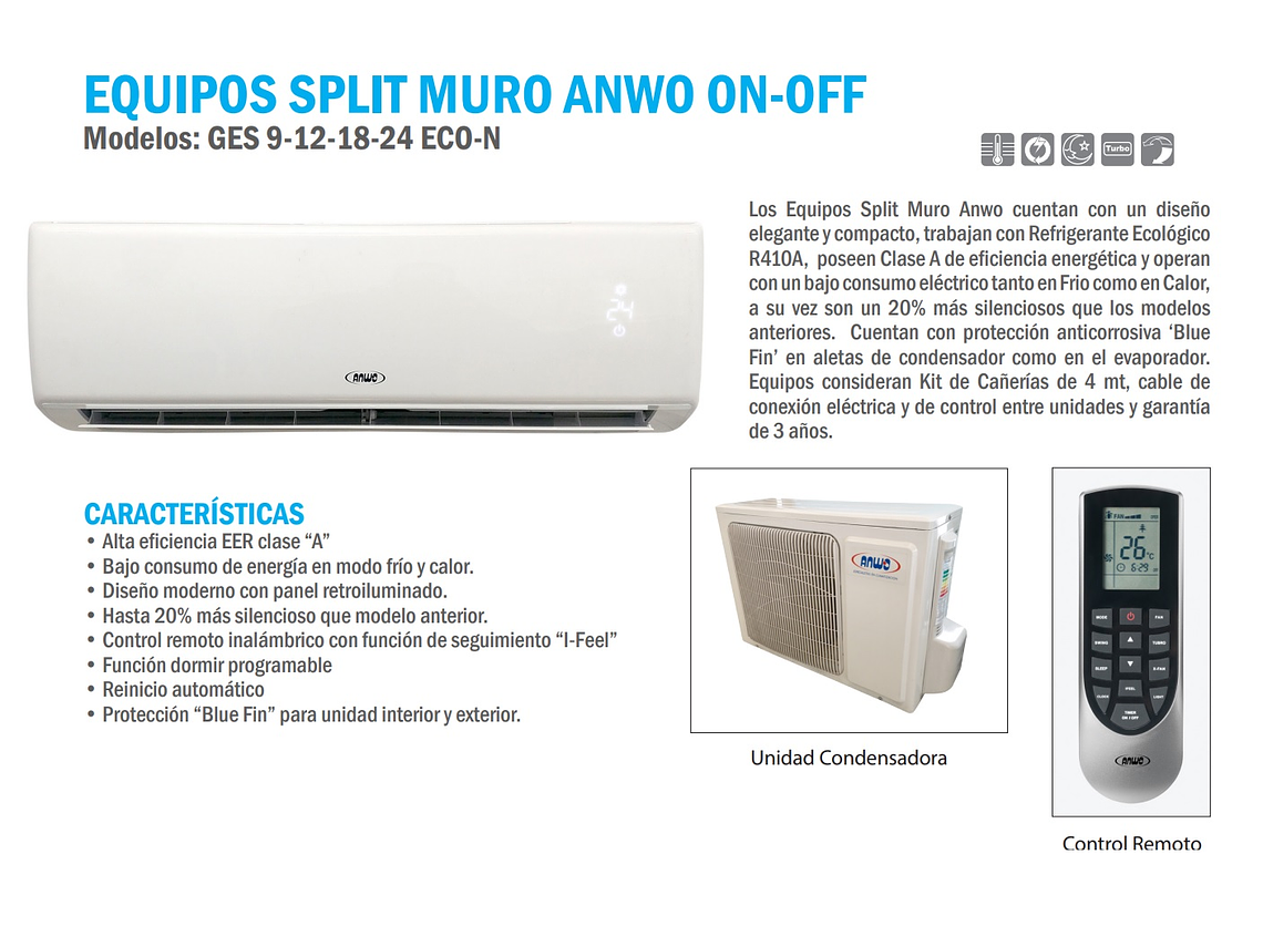 AIRE ACONDICIONADO SPLIT ANWO 12000 BTU ON/OFF ANWO 2