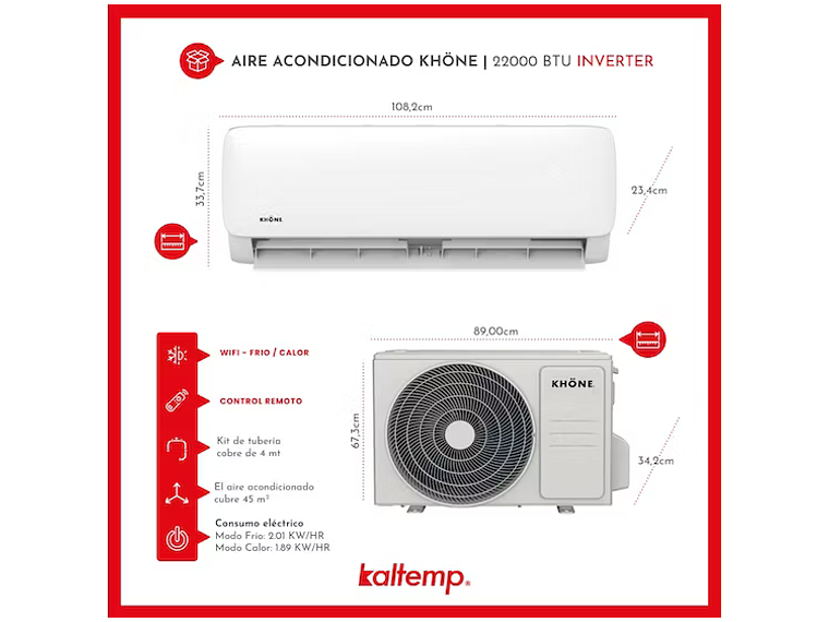 AIRE ACONDICIONADO INVERTER 22000BTU KHONE FRIO CALOR WIFI 4