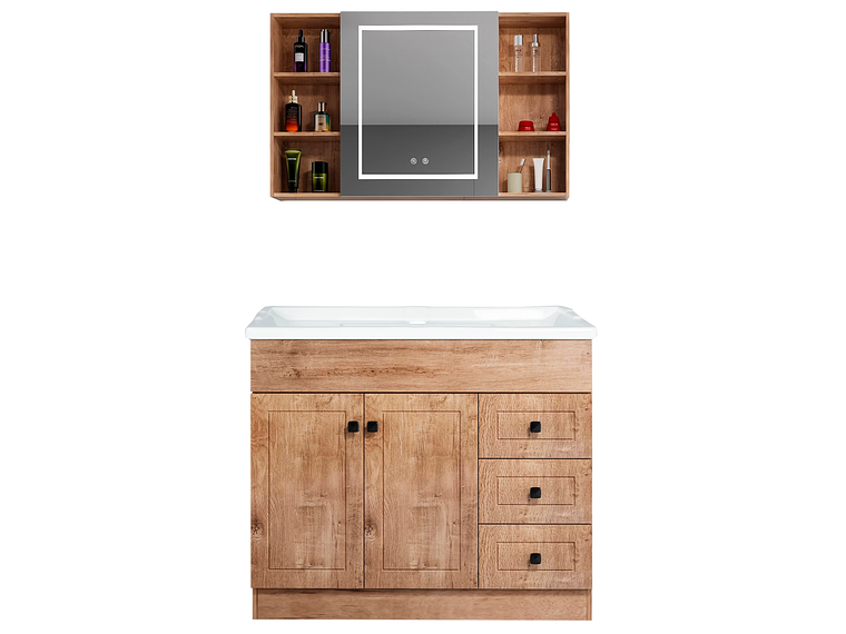 KIT MUEBLE VANITORIO DOMSA CON BOTIQUIN ESPEJO LED ANTIEMPAÑANTE WF-100 NOGAL 1