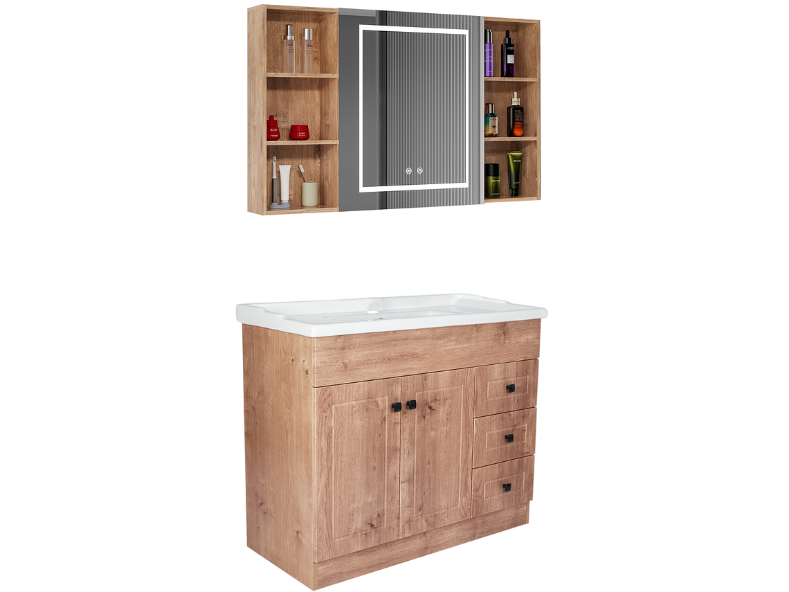 KIT MUEBLE VANITORIO DOMSA CON BOTIQUIN ESPEJO LED ANTIEMPAÑANTE WF-100 NOGAL 2