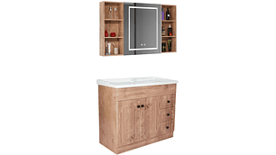 KIT MUEBLE VANITORIO DOMSA CON BOTIQUIN ESPEJO LED ANTIEMPAÑANTE WF-100 NOGAL