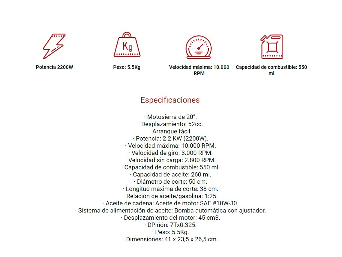 MOTOSIERRA INALAMBRICA A GASOLINA NAPPO 20'' 2200W 2