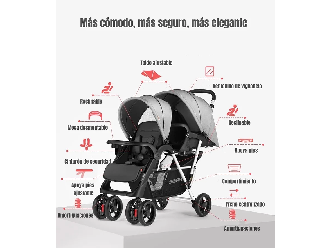 COCHE DOBLE DUO RECLINABLE PLEGABLE GRIS BY LUBABYCAS 4